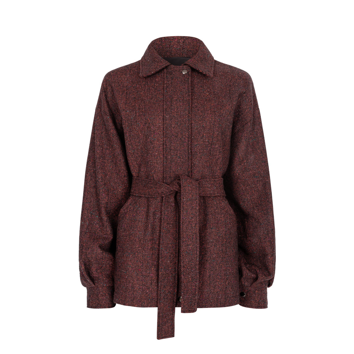 Płaszcz city coat w bordową jodełkę z paskiem, zdjęcie produktowe