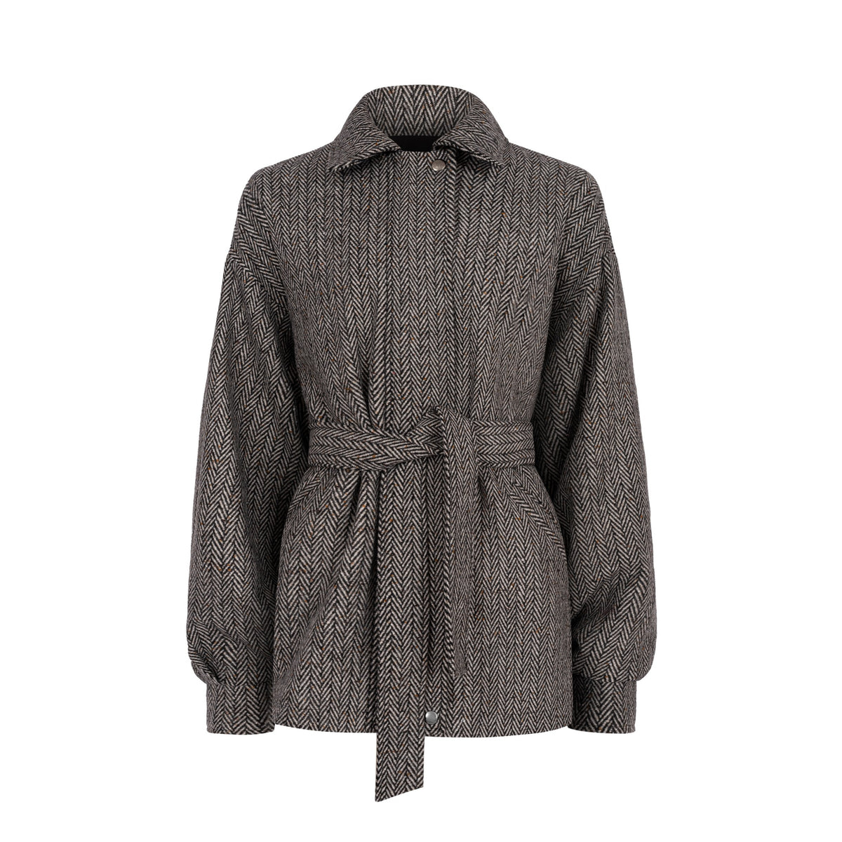 Szary krótki płaszcz city coat w jodełkę z paskiem, zdjęcie produktowe